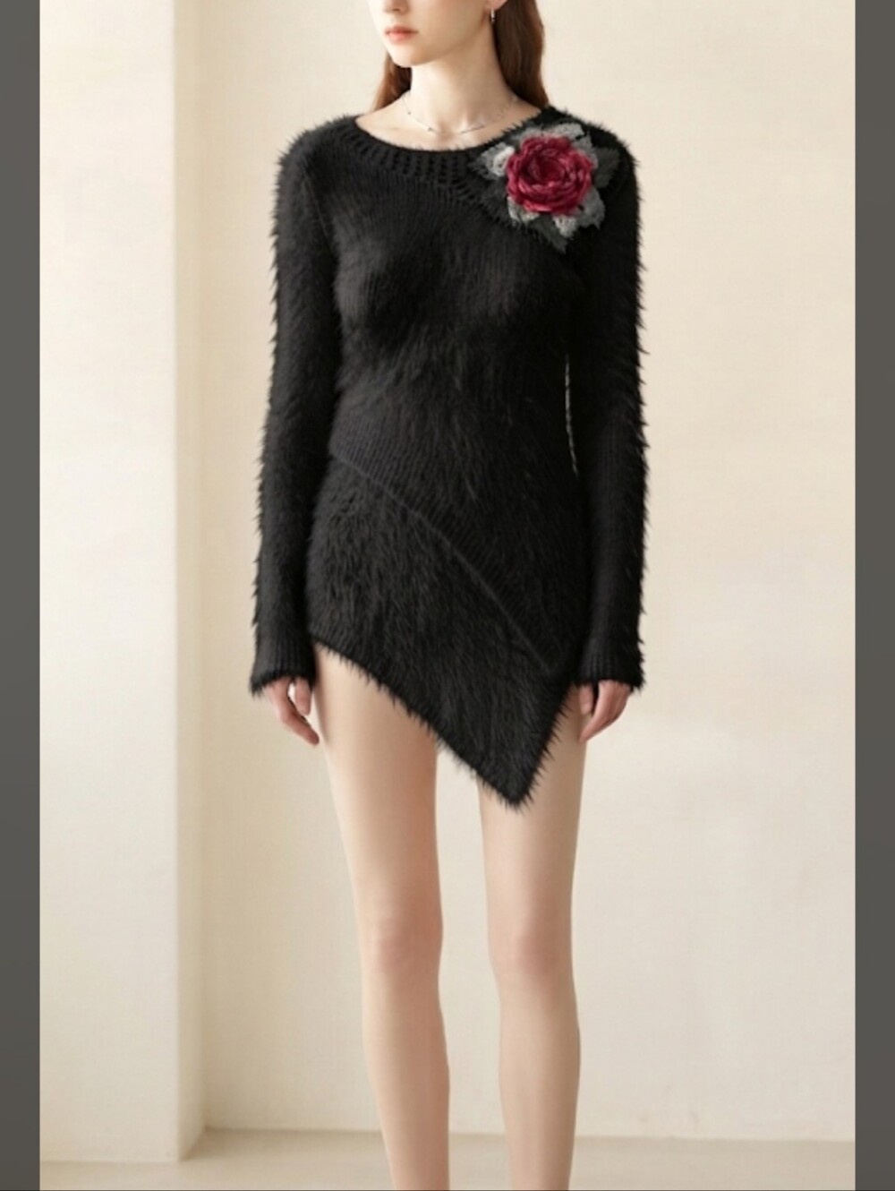Cozy Black Fluffy Knit Sweater with Crochet Rose Accent (Sz 12-14)